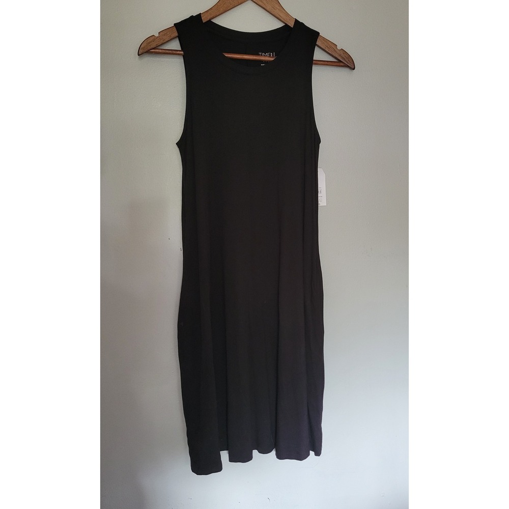NWT Time & Tru XS black Midi dress w/ pocket plain black dress lightweight swing